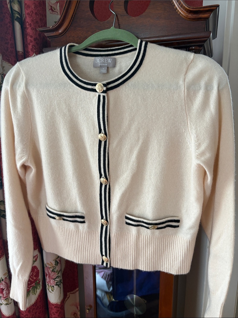 J. Crew Cream Cardigan with Black Trim and Gold Buttons
